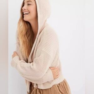 Aerie Cable Knit Beach-boss Cropped Zip-up Hoodie Cardigan